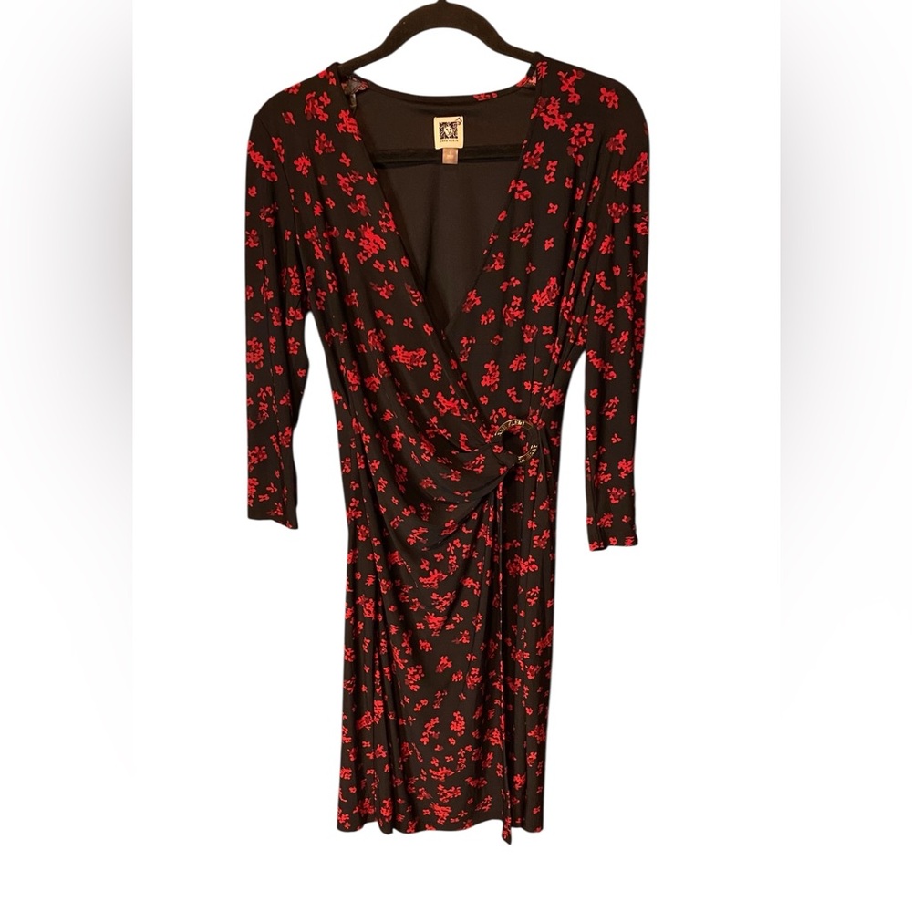 Anne Klein Black Red Floral Wrap Dress Size 6 Long Sleeve Midi Wedding Guest